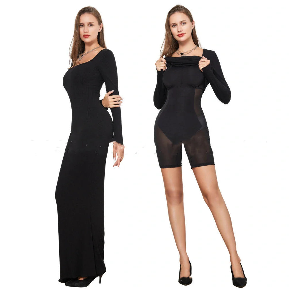 Double-layer slimming dress in black, featuring waist support and hip lifting design, perfect for any occasion.