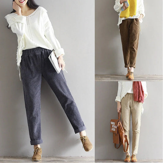 Women's large size thin corduroy trousers with adjustable waist in apricot, coffee, and grey