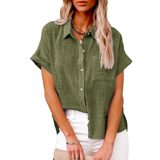 Women's cotton linen short-sleeved shirt with pocket in various colours