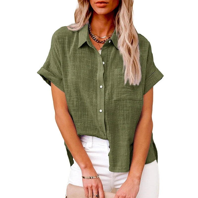 Women's cotton linen short-sleeved shirt with pocket in various colours