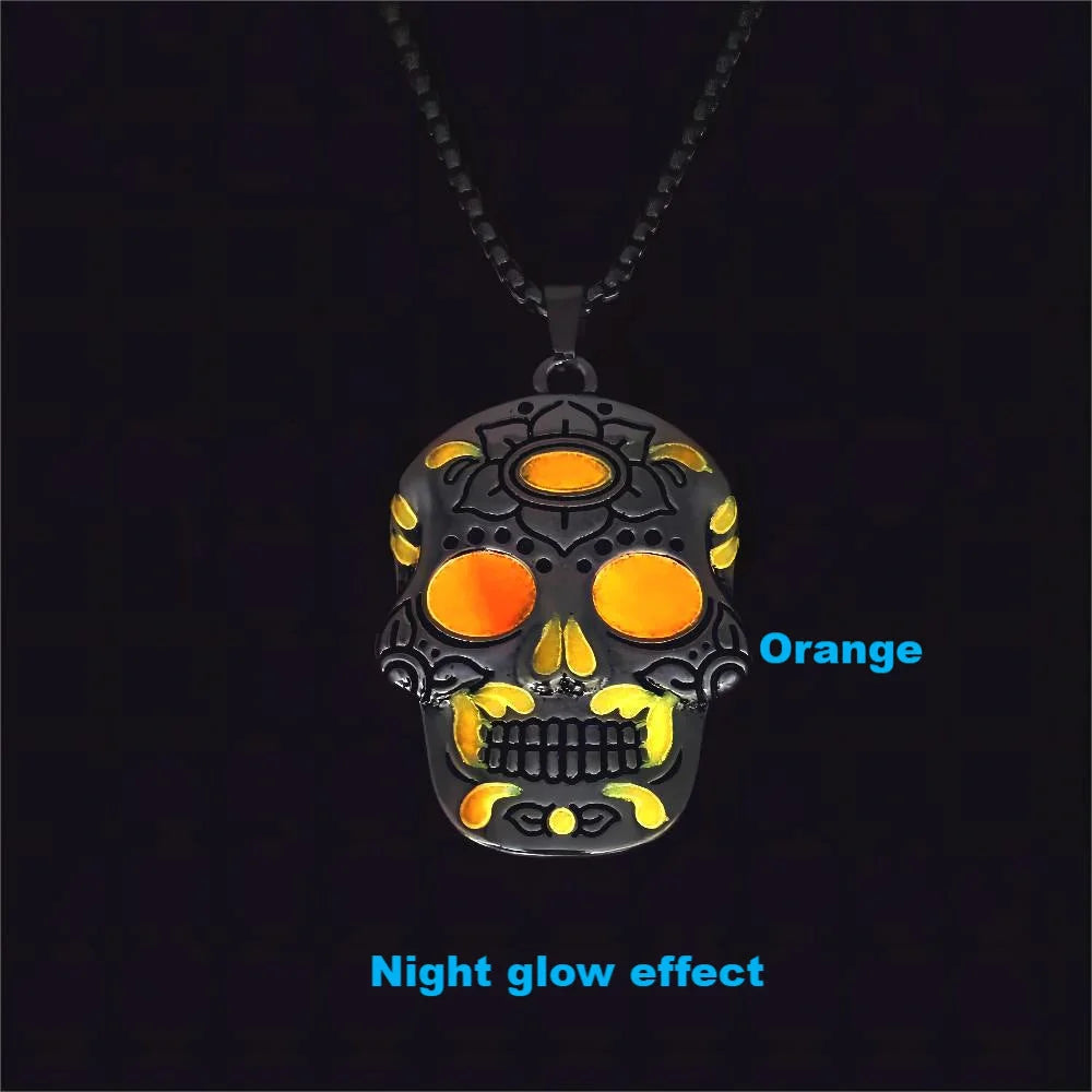 Halloween Luminous Skull Necklace with Day of the Dead Lotus Pattern