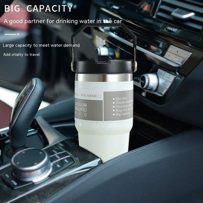 Stainless steel insulated tumbler with handle, available in multiple colors and sizes, designed to keep drinks hot or cold for hours.