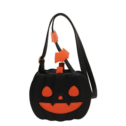Stylish Halloween shoulder bag with pumpkin cartoon and bat design, available in various color options