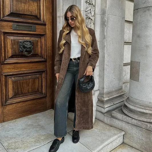 Double-breasted vintage suede long coat with belt for women in brown and light brown