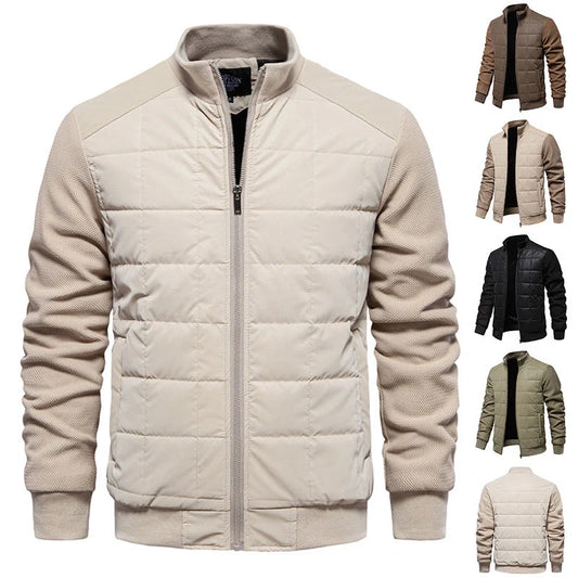 Stylish men's winter jacket with unique stitching design, stand collar, and variety of classic colours