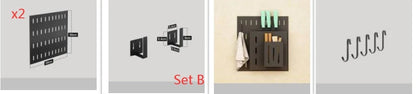 A high-quality stainless steel wall-mounted kitchen storage rack with a perforated design for customisable storage