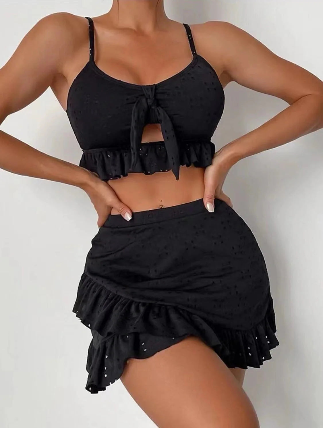 3-piece beach bikini set with hip-hugging skirt and ruffle design in various colours