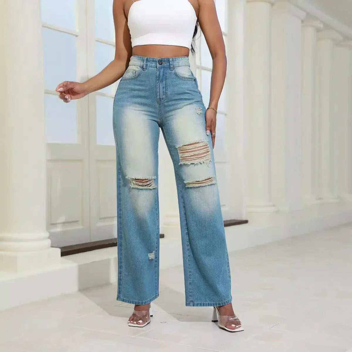 High-waist ripped jeans with pockets in light green and navy blue colours