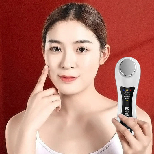 Hot & Cold Eye Massage Machine in pearl white and rose gold for skin and eye care