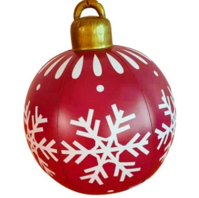 Vibrant inflatable Christmas baubles in a variety of colours and patterns, perfect for outdoor holiday decoration