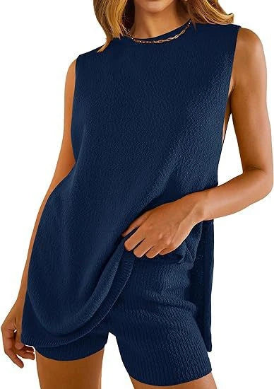 Versatile summer knit set featuring a chic split-front vest and matching shorts in a variety of vibrant colors