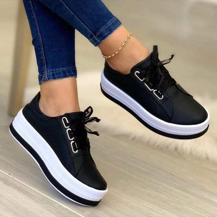 Women's ribbon lace-up platform sneakers in black, gold, silver, and rose gold