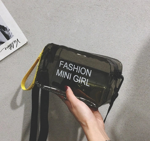 Transparent square fashion shoulder bag with adjustable strap and internal phone compartment