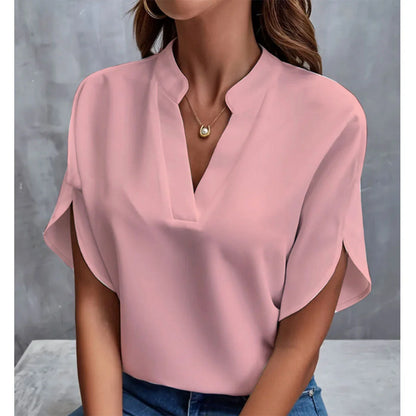 Women's summer short-sleeved chiffon shirt with V-neck design in various colours