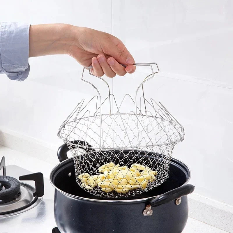 Stainless steel deep-fry basket with cool-touch handles and easy draining design