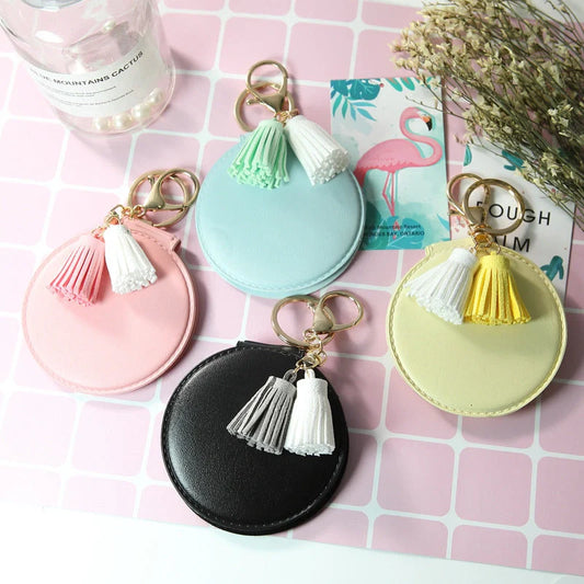 Mini round PU leather small mirror with lovely tassel in various colours