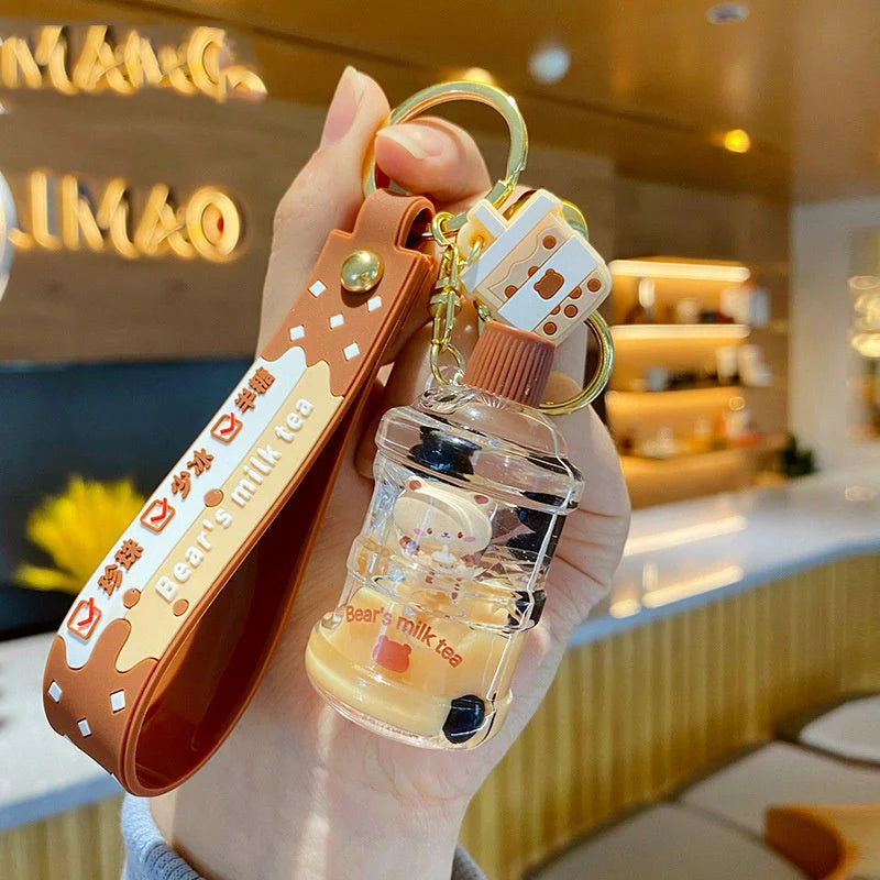 Women's pearl milk tea bear design keychain in alloy and acrylic