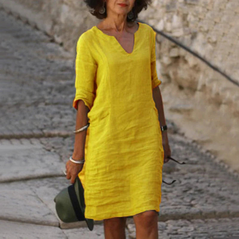 Retro high waist cotton-linen V-neck dress in various colours