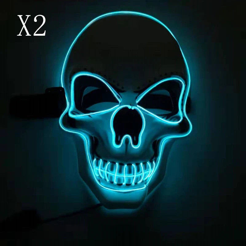 A glowing skull-shaped Halloween mask with adjustable straps and three lighting modes: constant, slow flash, and rapid pulse