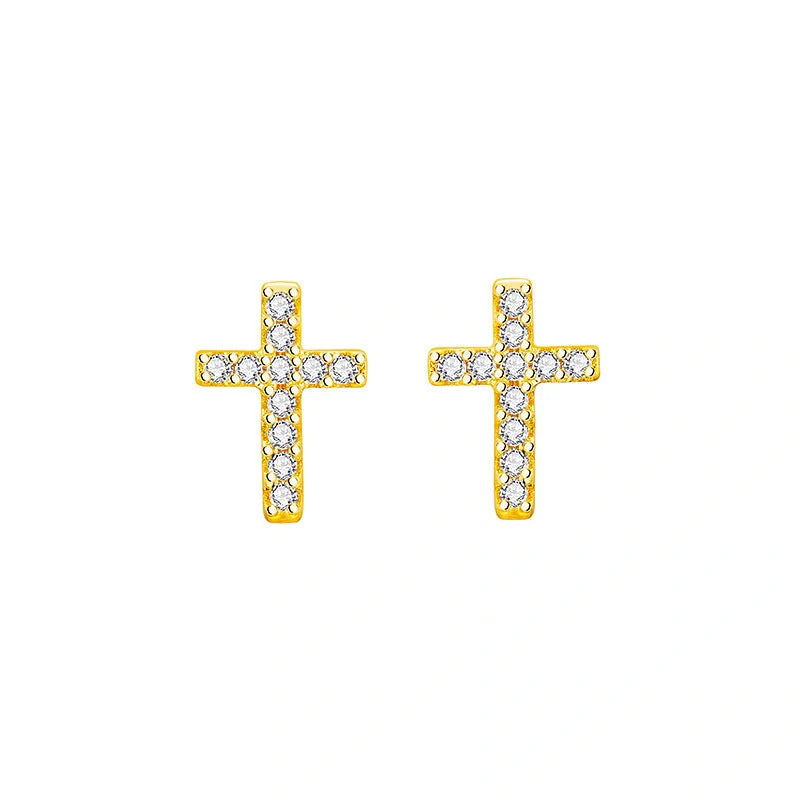 Stainless steel cross earrings with zircon inlay in white gold and gold colours