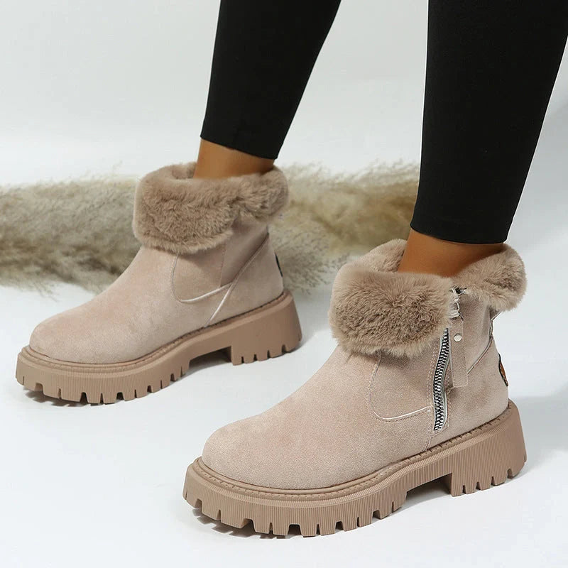 Women's foldable plush snow boots in black and khaki with round-toe design