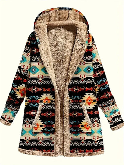 Stylish printed cotton and linen hoodie with warm plush lining, perfect for cooler weather.
