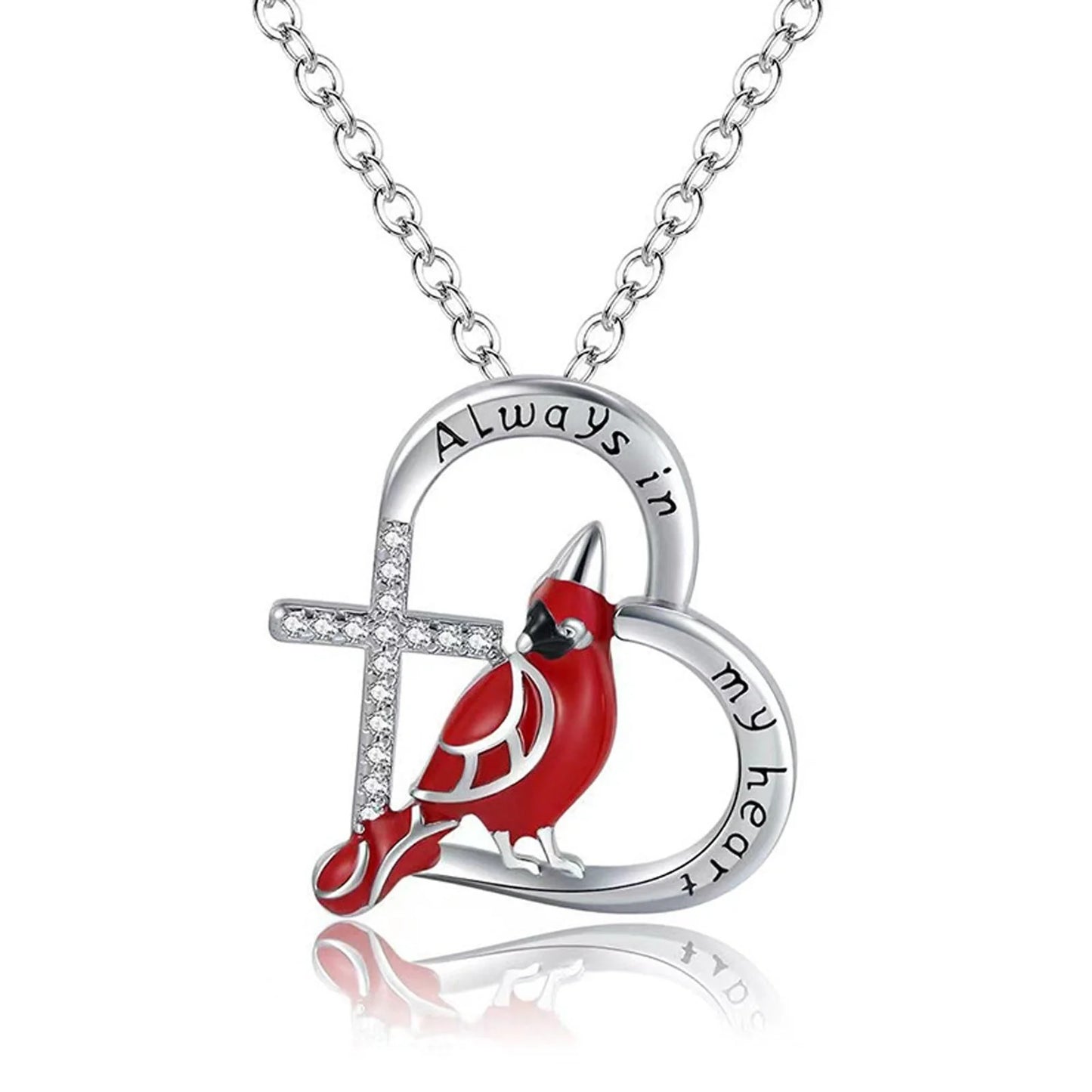 Heart-shaped cardinal pendant necklace in silver, unisex animal model jewellery
