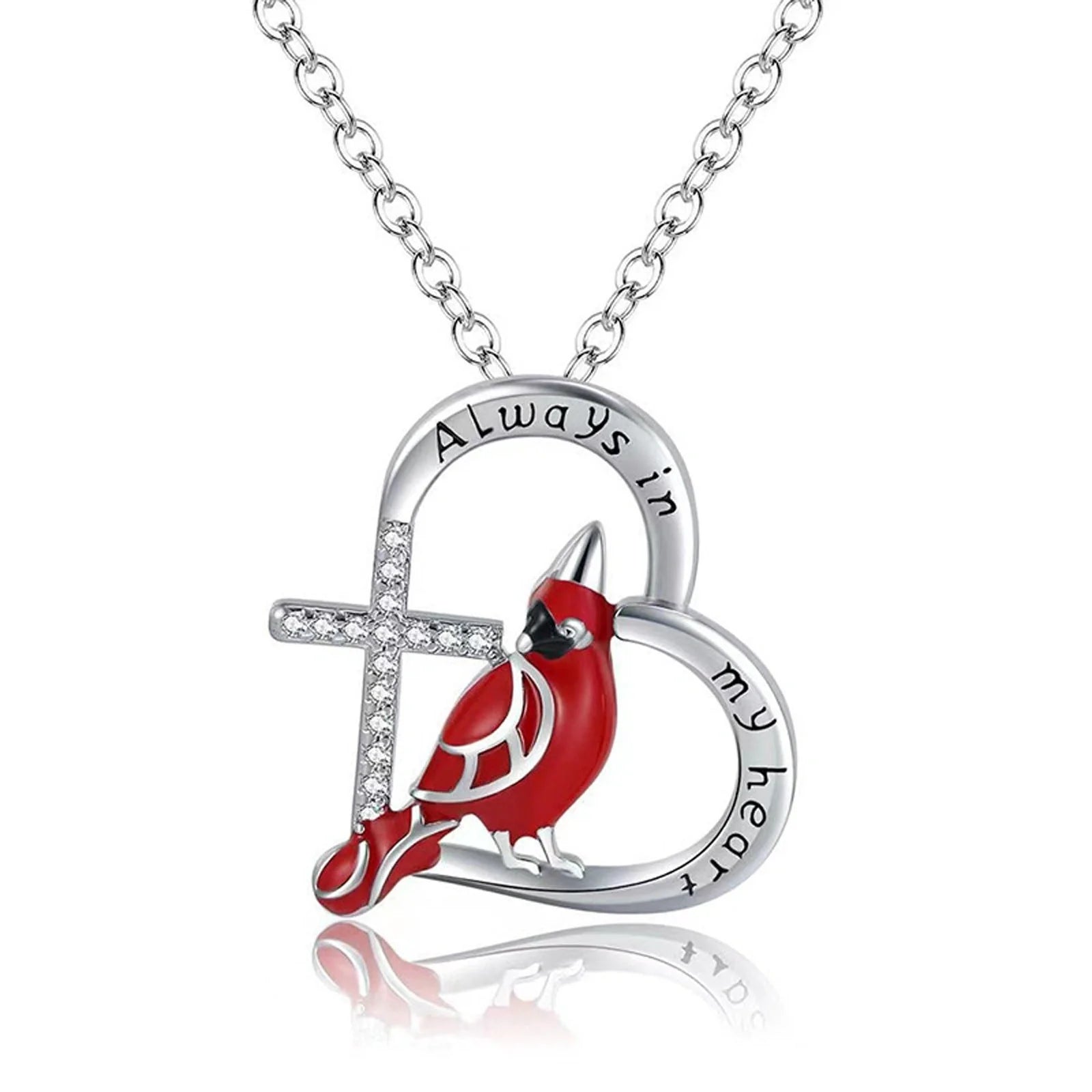 Heart-shaped cardinal pendant necklace in silver, unisex animal model jewellery