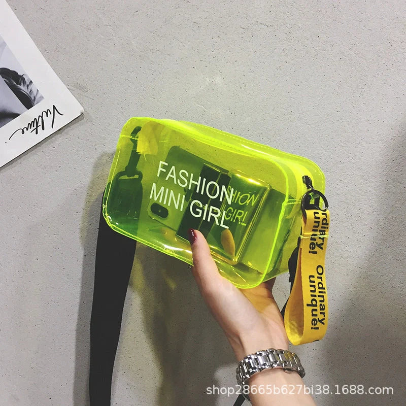 Transparent square fashion shoulder bag with adjustable strap and internal phone compartment