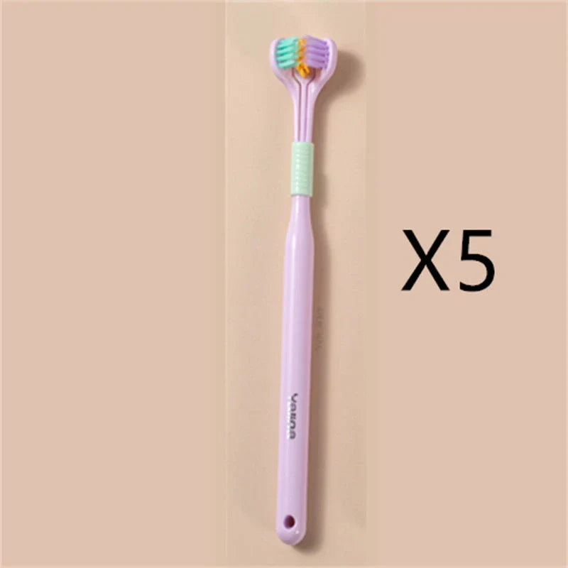 Soft bristle toothbrush with 3-sided brush head for thorough dental cleaning