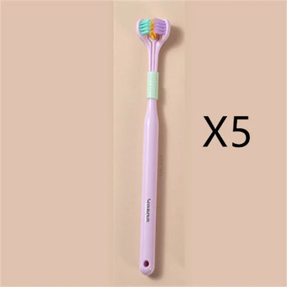 Soft bristle toothbrush with 3-sided brush head for thorough dental cleaning