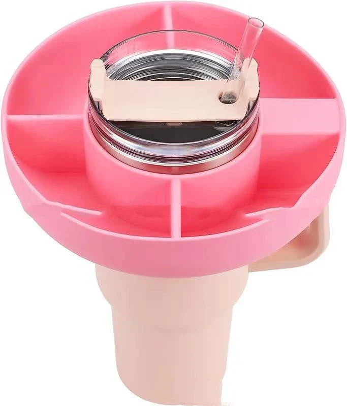 Silicone snack tray with four compartments designed to fit 40 oz tumblers, available in various colors