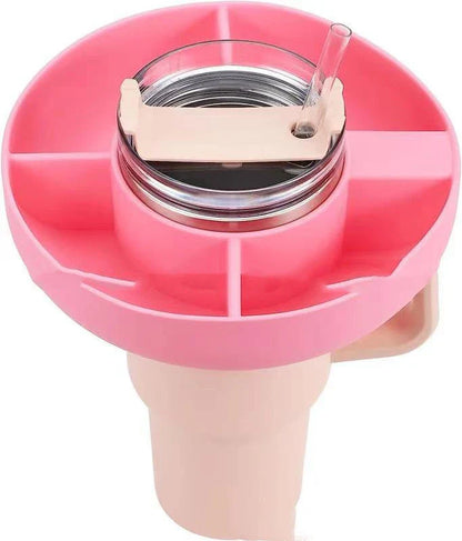 Silicone snack tray with four compartments designed to fit 40 oz tumblers, available in various colors