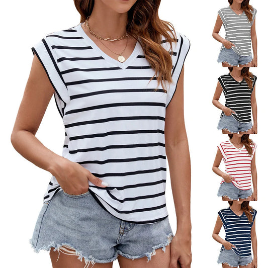 Women's summer V-neck short-sleeved T-shirt in stripe print