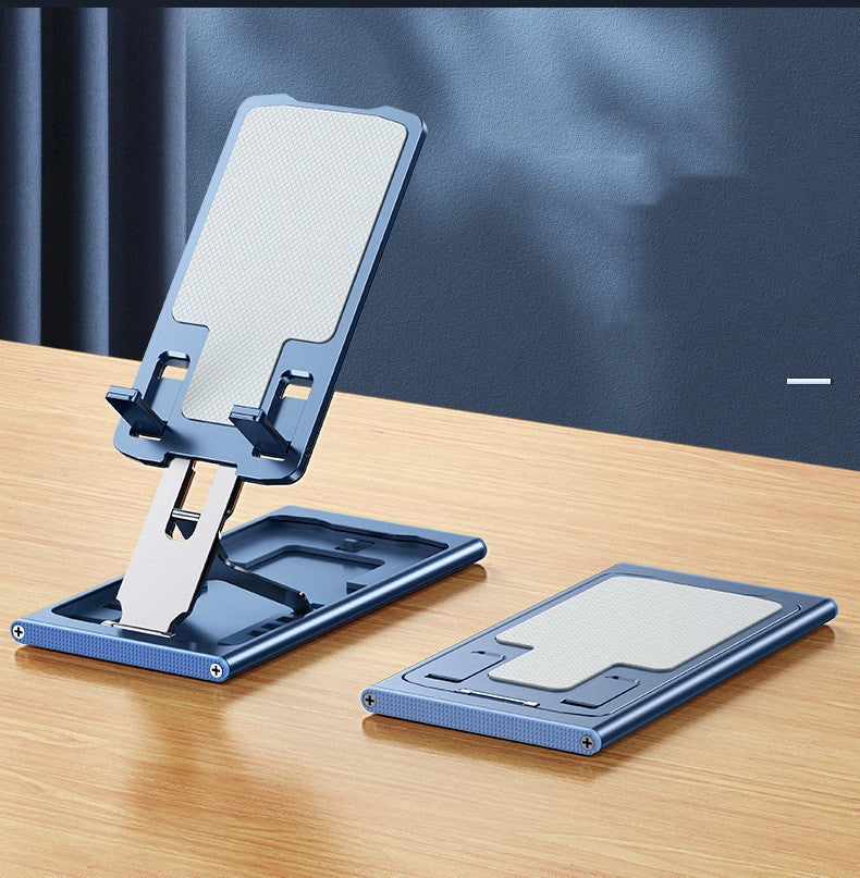 Aluminum alloy mobile phone stand in grey, rose gold, silver, and blue, adjustable and foldable