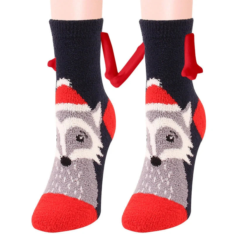 Christmas couple socks with magnetic suction feature for hand holding, festive 3D animal patterns