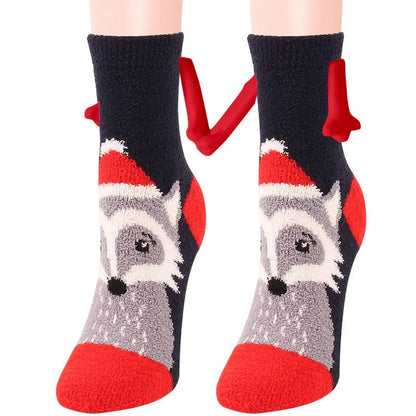 Christmas couple socks with magnetic suction feature for hand holding, festive 3D animal patterns