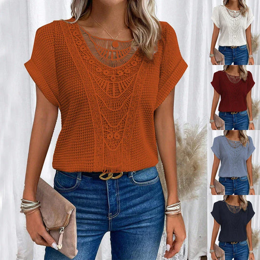 Trendy hollowed-out short-sleeve t-shirt for women in various colors and sizes
