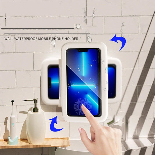 Waterproof shower phone holder with touch screen access and anti-fog window