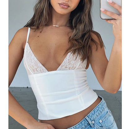 Stylish women's sleeveless lace camisole with back zip closure, available in white and black colors.