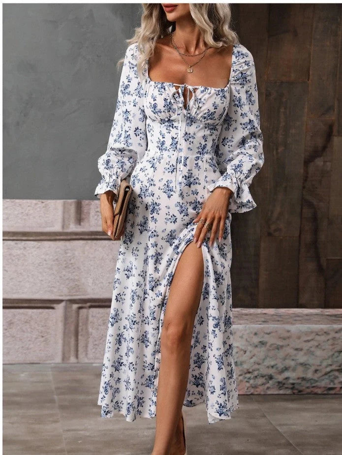 Floral Long Sleeve Swing Dress with Square Neckline and Slit - A stylish and versatile British-inspired women's clothing piece