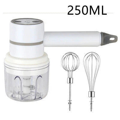 Rechargeable cordless electric hand mixer with 3-speed motor, whisk and egg beater attachments, and ergonomic design for easy baking and mixing