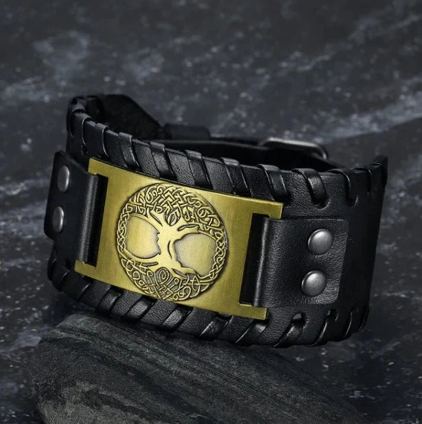 Handcrafted leather arm cuff with Celtic Tree of Life metal design