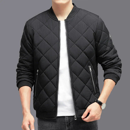 Stylish and warm rhombic-stitched cotton jacket for men in khaki and black colors