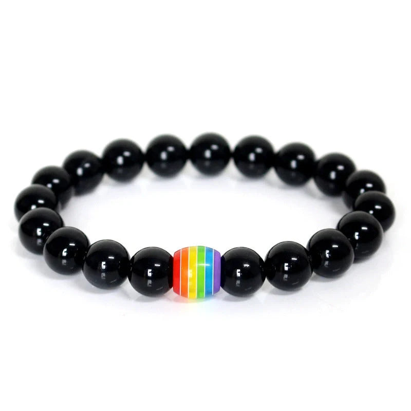 Pride Rainbow Bead Bracelet featuring natural stones in vibrant colours, perfect for unisex wear.
