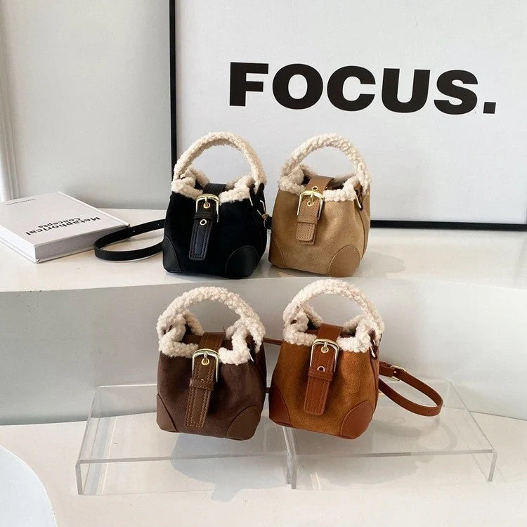 Retro plush crossbody bag for women in black, brown, coffee, and khaki