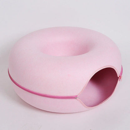 Round woolen felt cat nest with tunnel for interactive play, available in multiple colors and sizes