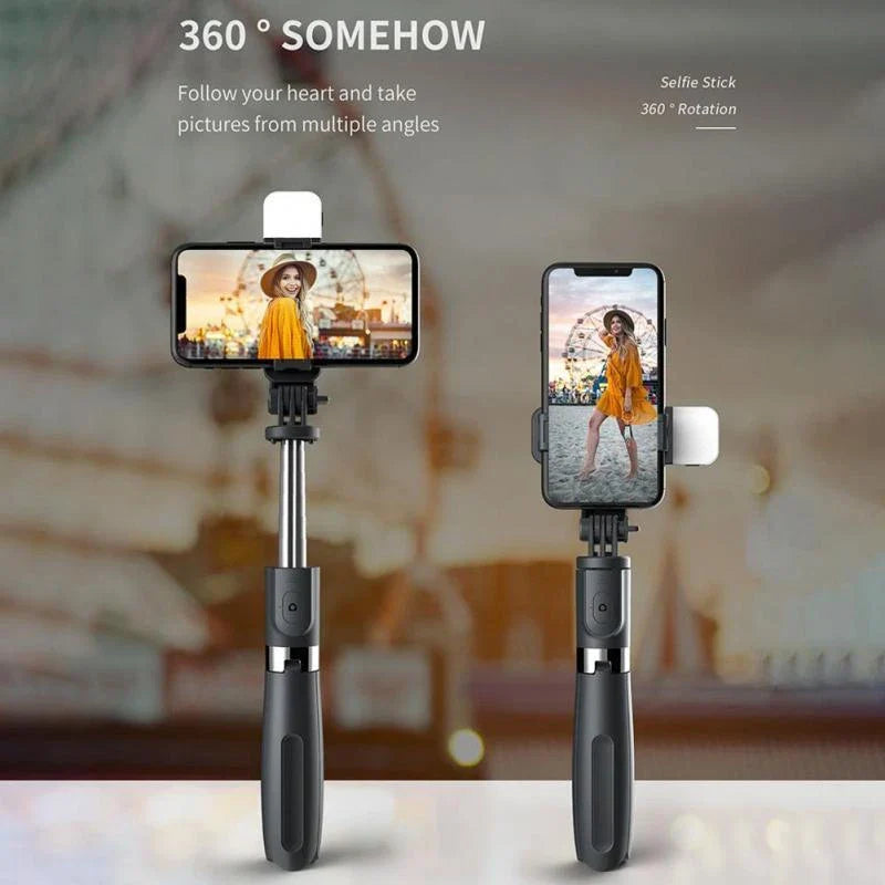 Adjustable Bluetooth selfie stick with remote control and tripod for iPhone, ideal for capturing full-body and hands-free mobile photos