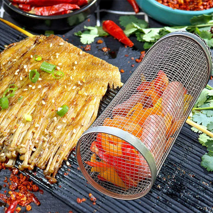 A stainless steel wire mesh grilling basket with a round shape, designed for versatile outdoor cooking and barbecue.