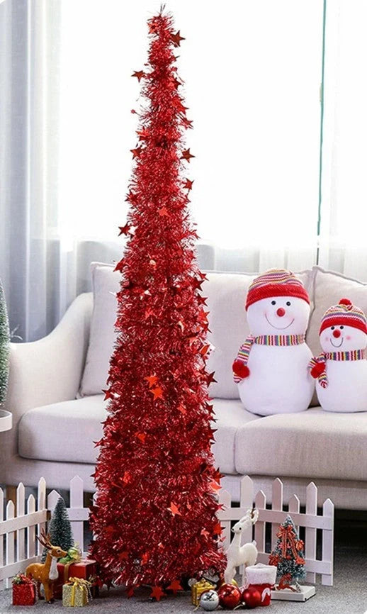 Collapsible artificial Christmas tree with stand and sequin decorations